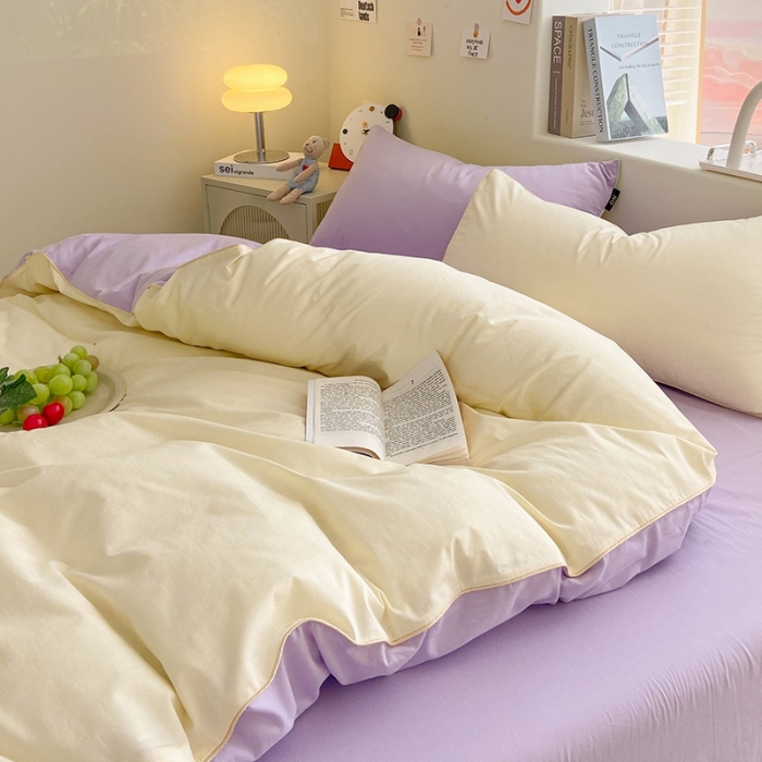 91家纺网 家纺一手货源 找家纺 眠帛家居 2023新款A类芝士系列水洗棉麻绳滚边四件套 芝士奶昔白浅紫