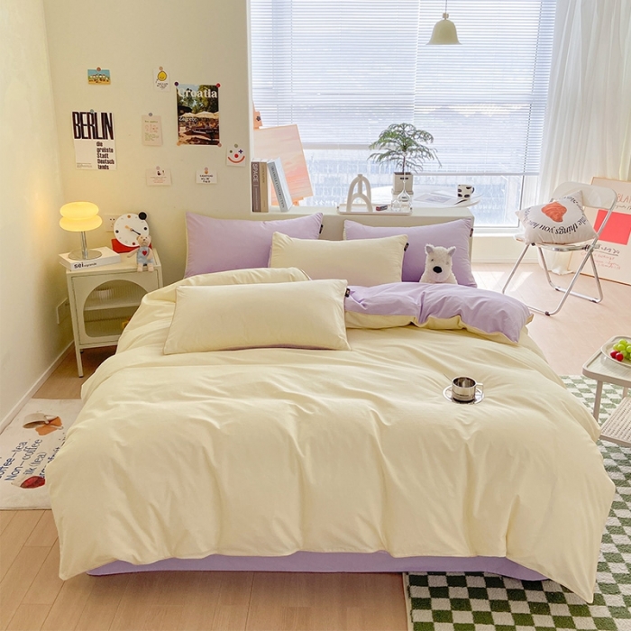 91家纺网 家纺一手货源 找家纺 眠帛家居 2023新款A类芝士系列水洗棉麻绳滚边四件套 芝士奶昔白浅紫