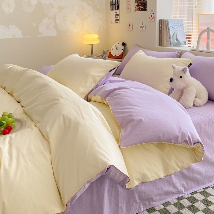 91家纺网 家纺一手货源 找家纺 眠帛家居 2023新款A类芝士系列水洗棉麻绳滚边四件套 芝士奶昔白浅紫