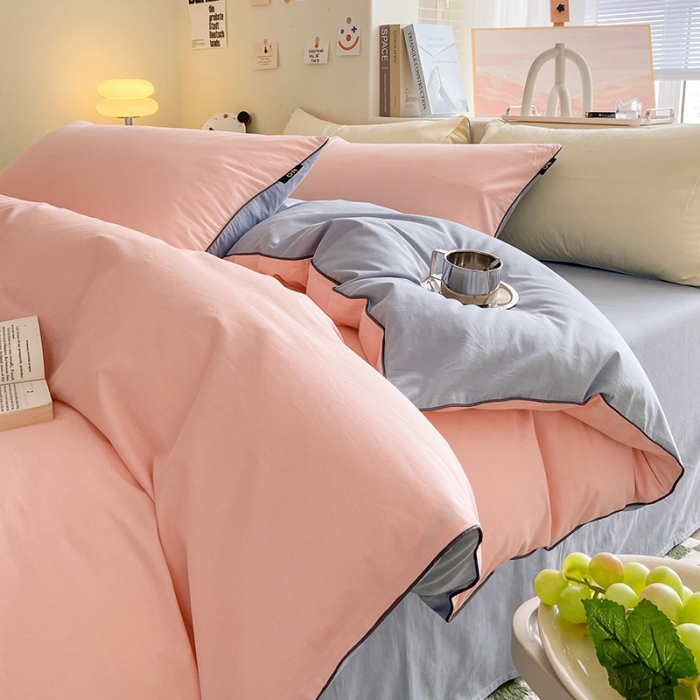 91家纺网 家纺一手货源 找家纺 眠帛家居 2023新款A类芝士系列水洗棉麻绳滚边四件套 芝士奶油粉蓝灰