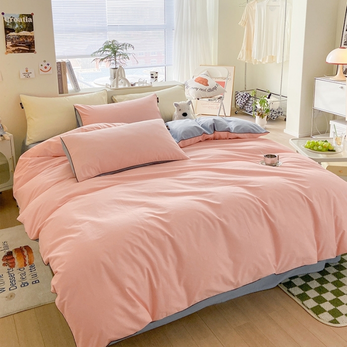 91家纺网 家纺一手货源 找家纺 眠帛家居 2023新款A类芝士系列水洗棉麻绳滚边四件套 芝士奶油粉蓝灰