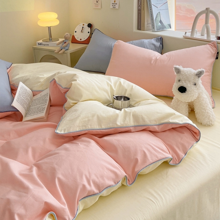 91家纺网 家纺一手货源 找家纺 眠帛家居 2023新款A类芝士系列水洗棉麻绳滚边四件套 芝士奶油粉奶黄