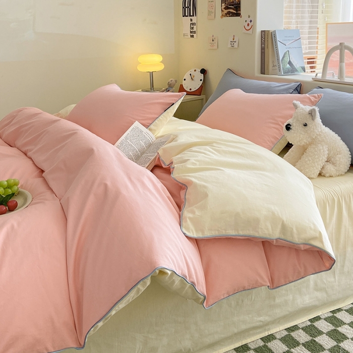 91家纺网 家纺一手货源 找家纺 眠帛家居 2023新款A类芝士系列水洗棉麻绳滚边四件套 芝士奶油粉奶黄