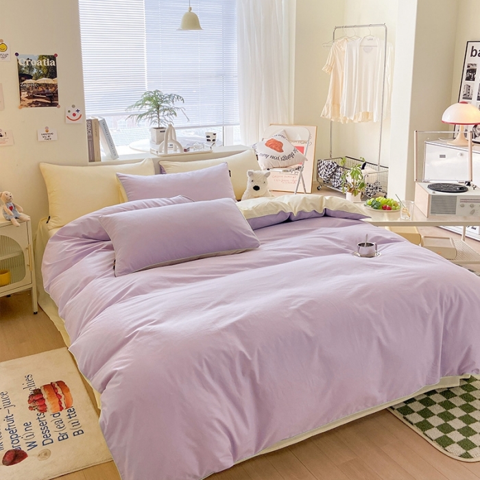 91家纺网 家纺一手货源 找家纺 眠帛家居 2023新款A类芝士系列水洗棉麻绳滚边四件套 芝士浅紫奶昔白