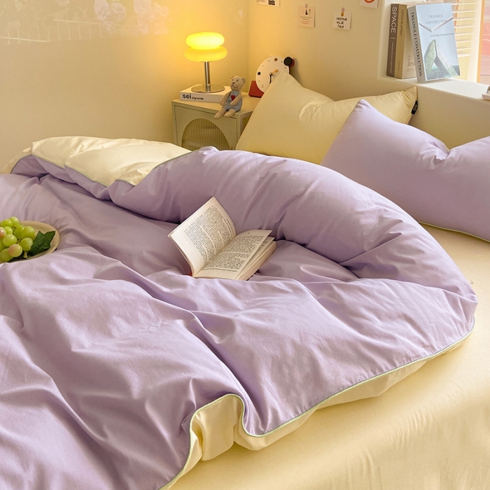 91家纺网 家纺一手货源 找家纺 眠帛家居 2023新款A类芝士系列水洗棉麻绳滚边四件套 芝士浅紫奶昔白