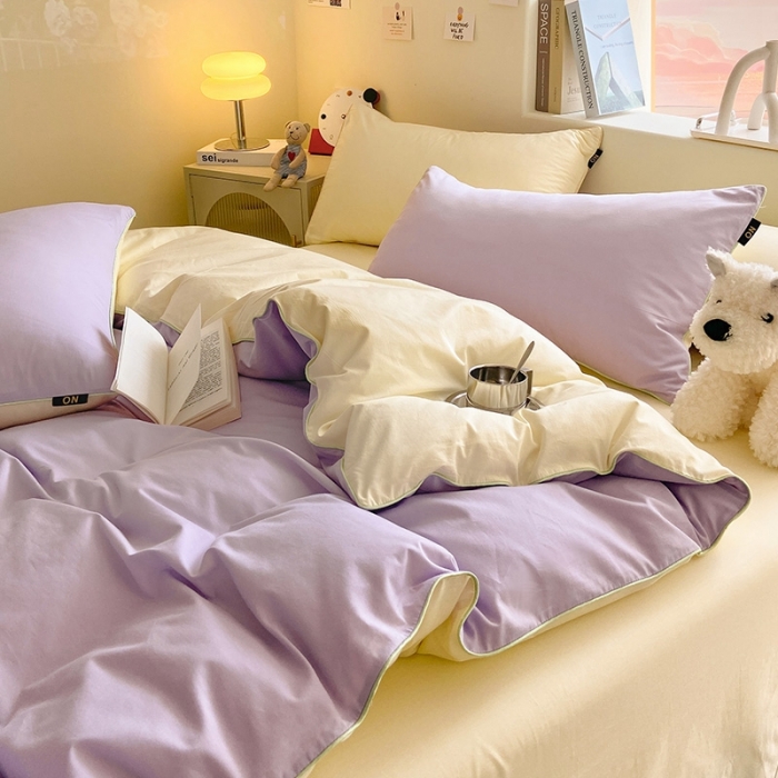 91家纺网 家纺一手货源 找家纺 眠帛家居 2023新款A类芝士系列水洗棉麻绳滚边四件套 芝士浅紫奶昔白