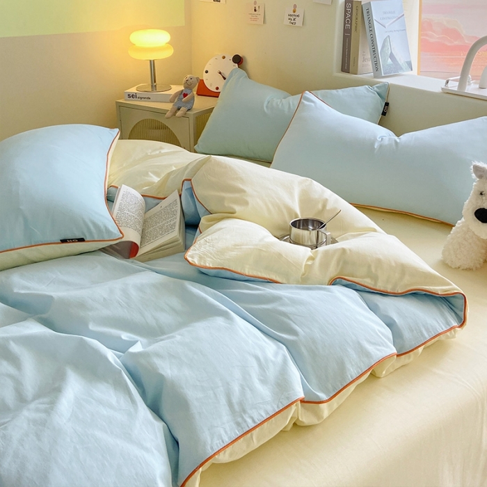 91家纺网 家纺一手货源 找家纺 眠帛家居 2023新款A类芝士系列水洗棉麻绳滚边四件套 芝士天空蓝奶黄