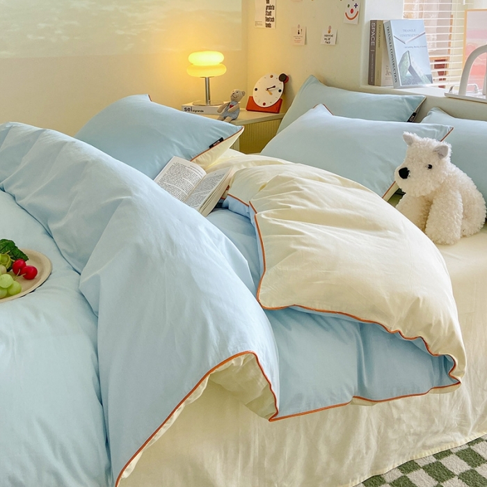 91家纺网 家纺一手货源 找家纺 眠帛家居 2023新款A类芝士系列水洗棉麻绳滚边四件套 芝士天空蓝奶黄