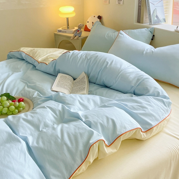 91家纺网 家纺一手货源 找家纺 眠帛家居 2023新款A类芝士系列水洗棉麻绳滚边四件套 芝士天空蓝奶黄