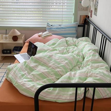 91家纺网 家纺一手货源 找家纺 桃子 2023新款韩系ins色织水洗棉条纹混搭撞色纯棉系列四件套 色织水洗棉-条纹绿