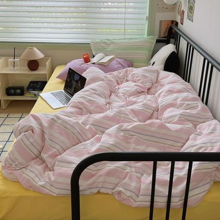 桃子 2023新款韩系ins色织水洗棉条纹混搭撞色纯棉系列四件套 色织水洗棉-条纹粉