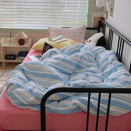 桃子 2023新款韩系ins色织水洗棉条纹混搭撞色纯棉系列四件套 色织水洗棉-条纹蓝