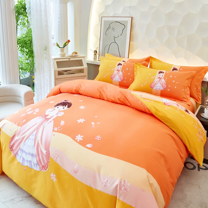 91家纺网 家纺一手货源 找家纺 雲归梦 2023年新款加厚全棉生态磨毛大版四件套 妙龄女孩-桔