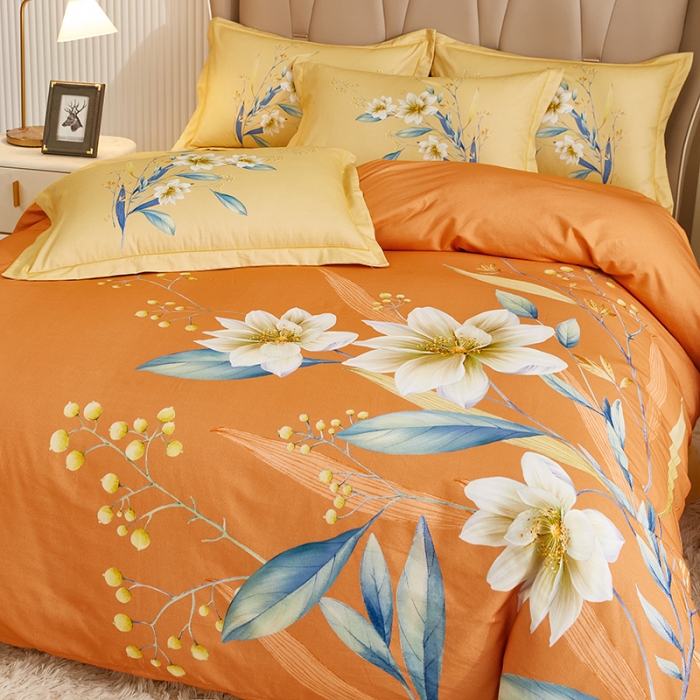 91家纺网 家纺一手货源 找家纺 雲归梦 2023年新款加厚全棉生态磨毛大版四件套 醉花听风-桔