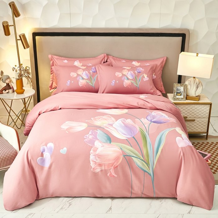 91家纺网 家纺一手货源 找家纺 雲归梦 2023年新款加厚全棉生态磨毛大版四件套 郁金香-粉