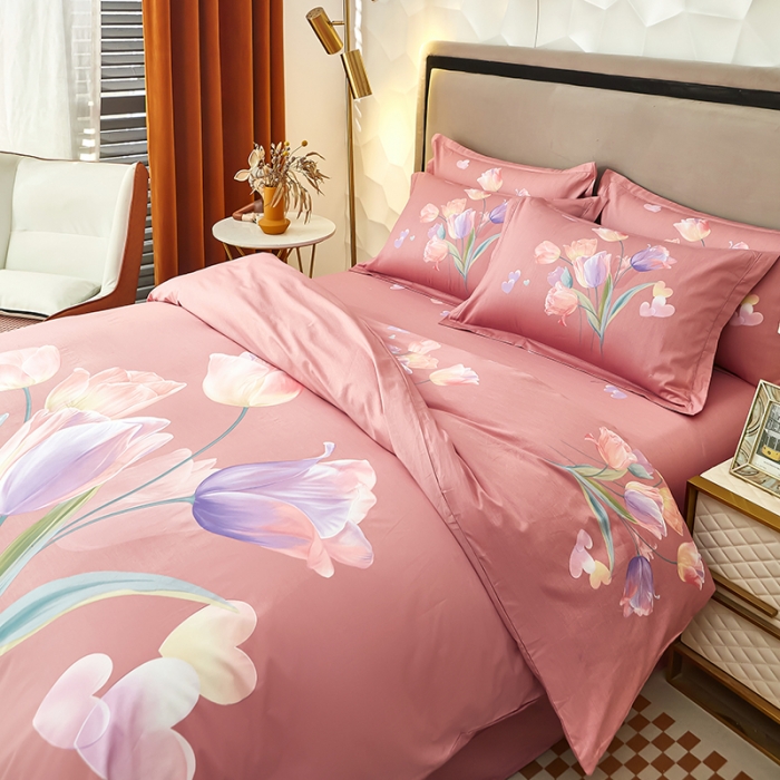 91家纺网 家纺一手货源 找家纺 雲归梦 2023年新款加厚全棉生态磨毛大版四件套 郁金香-粉