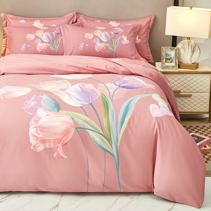 91家纺网 家纺一手货源 找家纺 雲归梦 2023年新款加厚全棉生态磨毛大版四件套 郁金香-粉