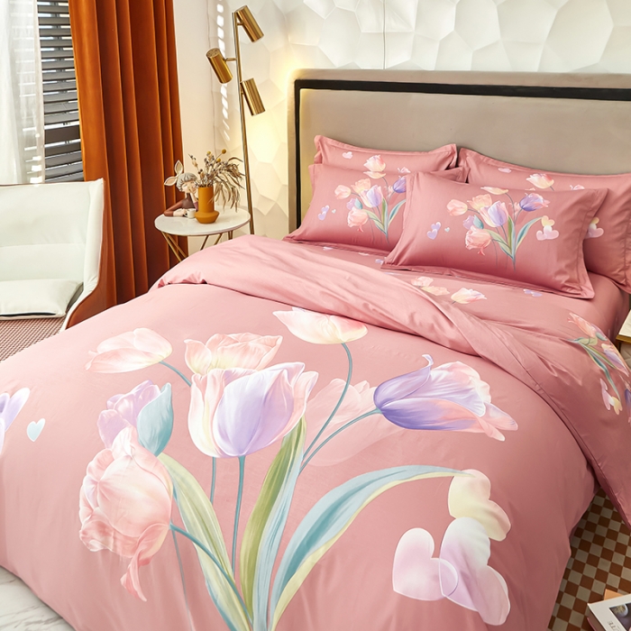 91家纺网 家纺一手货源 找家纺 雲归梦 2023年新款加厚全棉生态磨毛大版四件套 郁金香-粉