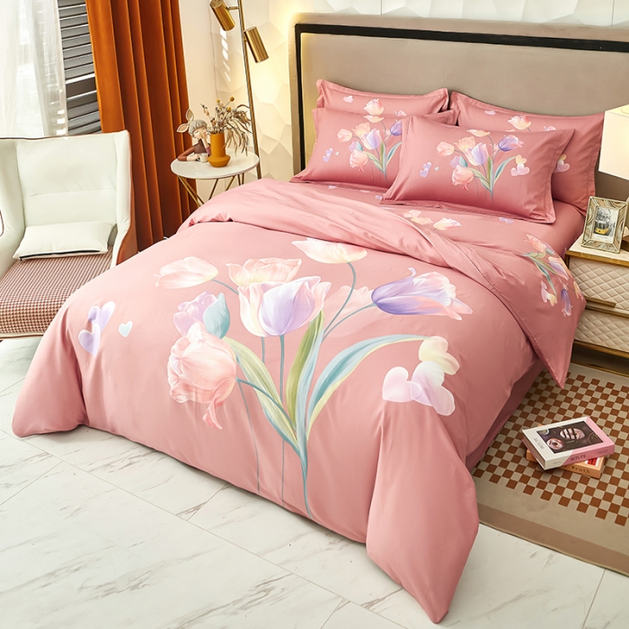 91家纺网 家纺一手货源 找家纺 雲归梦 2023年新款加厚全棉生态磨毛大版四件套 郁金香-粉