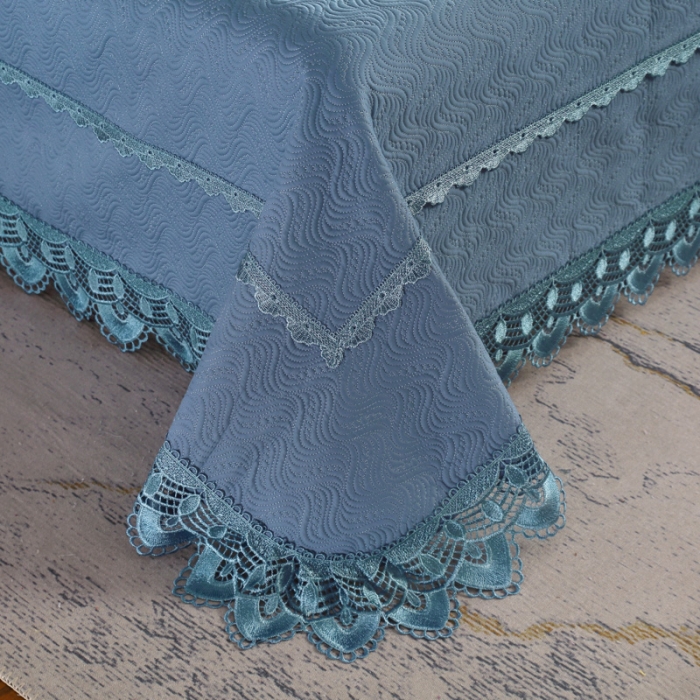 91家纺网 家纺一手货源 找家纺 OL家纺 2023新款全棉水溶花边素色床盖夹棉三件套 藏青