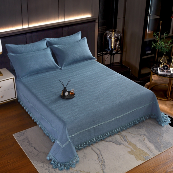 91家纺网 家纺一手货源 找家纺 OL家纺 2023新款全棉水溶花边素色床盖夹棉三件套 藏青
