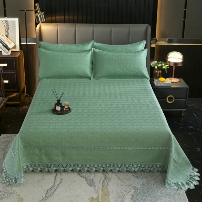 91家纺网 家纺一手货源 找家纺 OL家纺 2023新款全棉水溶花边素色床盖夹棉三件套 草绿