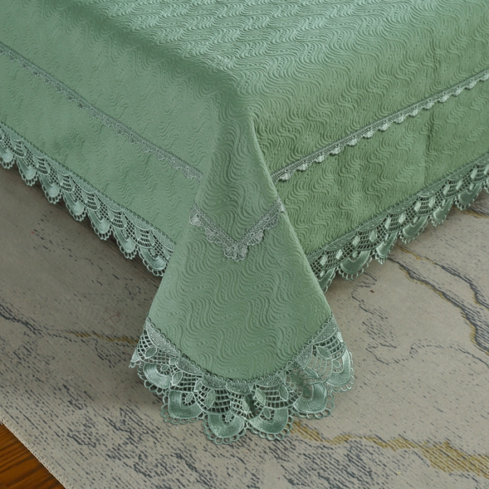 91家纺网 家纺一手货源 找家纺 OL家纺 2023新款全棉水溶花边素色床盖夹棉三件套 草绿