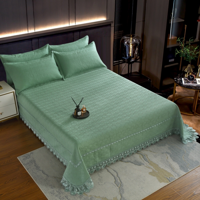 91家纺网 家纺一手货源 找家纺 OL家纺 2023新款全棉水溶花边素色床盖夹棉三件套 草绿