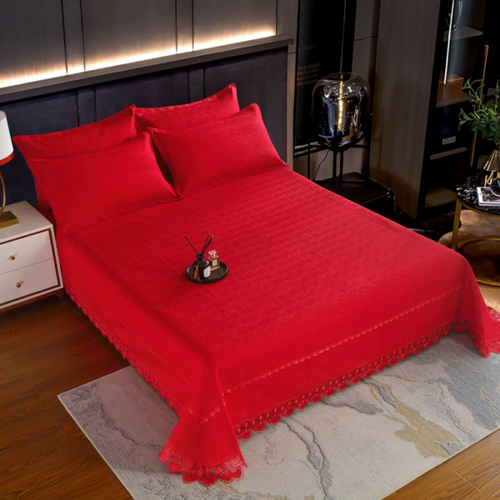 91家纺网 家纺一手货源 找家纺 OL家纺 2023新款全棉水溶花边素色床盖夹棉三件套 大红