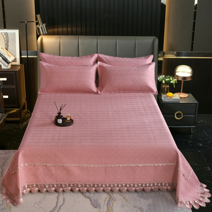 91家纺网 家纺一手货源 找家纺 OL家纺 2023新款全棉水溶花边素色床盖夹棉三件套 豆沙