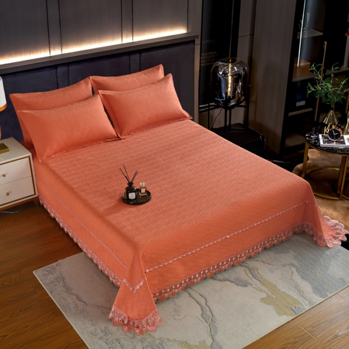 91家纺网 家纺一手货源 找家纺 OL家纺 2023新款全棉水溶花边素色床盖夹棉三件套 桔色