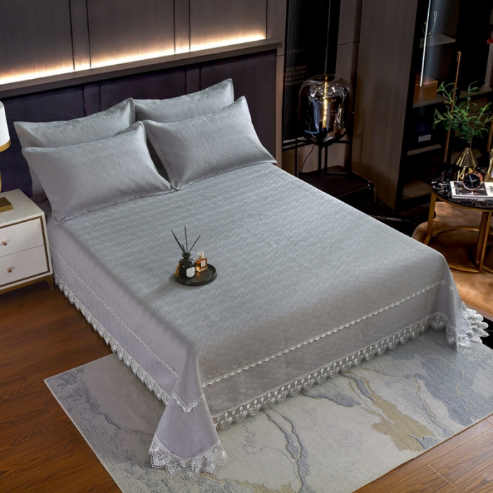 91家纺网 家纺一手货源 找家纺 OL家纺 2023新款全棉水溶花边素色床盖夹棉三件套 浅灰
