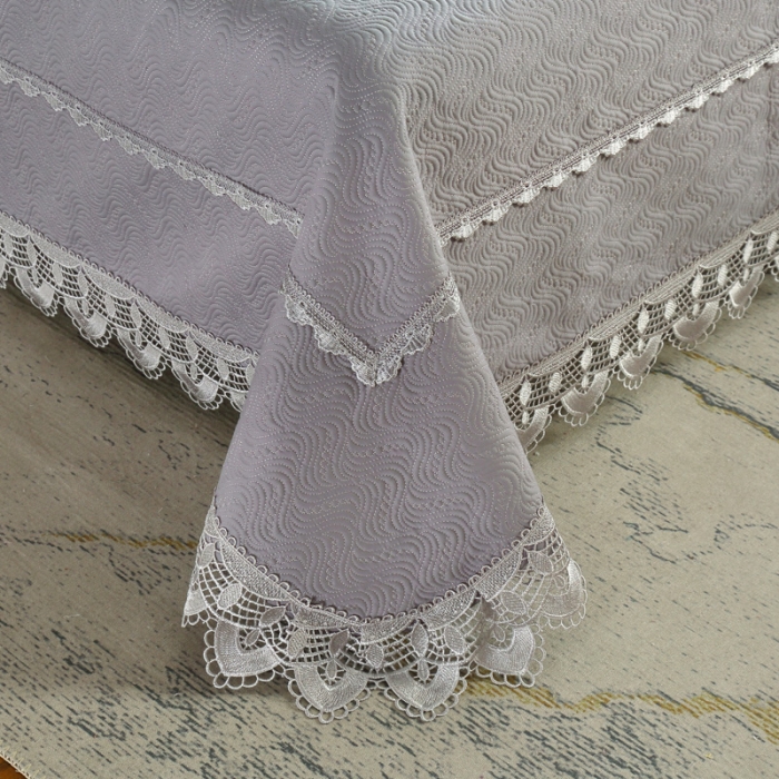 91家纺网 家纺一手货源 找家纺 OL家纺 2023新款全棉水溶花边素色床盖夹棉三件套 浅灰