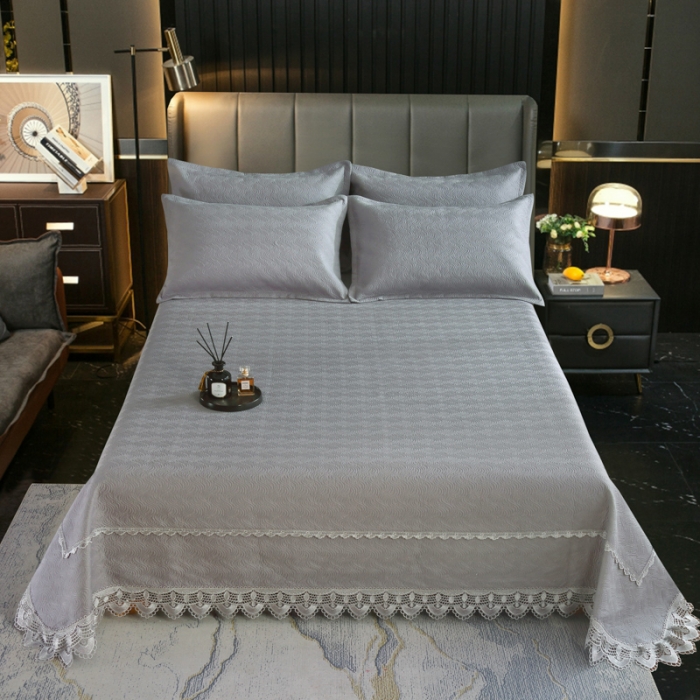 91家纺网 家纺一手货源 找家纺 OL家纺 2023新款全棉水溶花边素色床盖夹棉三件套 浅灰