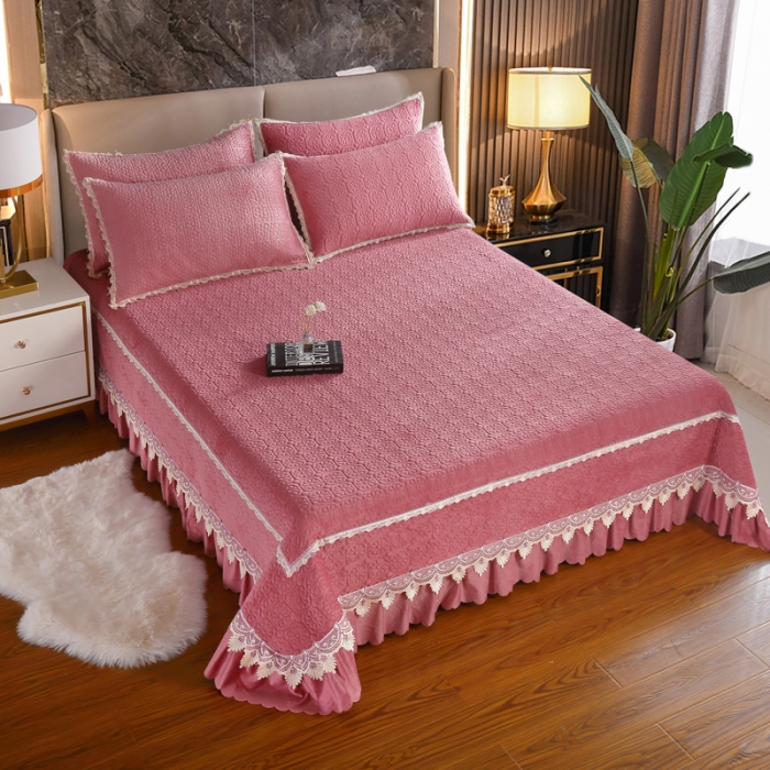91家纺网 家纺一手货源 找家纺 OL家纺 2023新款保暖宝宝绒床盖夹棉三件套 豆沙