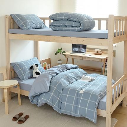 寐眠 2023新款全棉AB版水洗棉学生三件套 海蓝大格+浅蓝