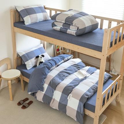 寐眠 2023新款全棉AB版水洗棉学生三件套 蓝大格+深蓝