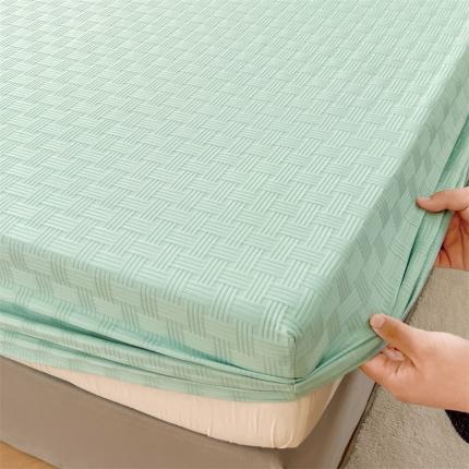 新款A类华夫格泡泡纱刺绣床笠床垫保护套青樱绿纯色
