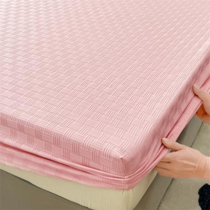新款A类华夫格泡泡纱刺绣床笠床垫保护套樱花粉纯色