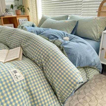 91家纺网 家纺一手货源 找家纺 【直播爆款】2023新款全棉色织水洗四件套全棉纯棉床单被套学生宿舍床上