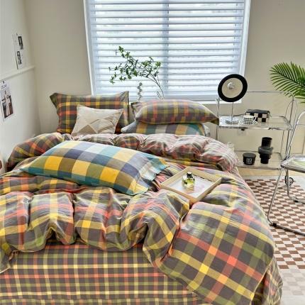 三沁 2023新款直播纯棉被套四件套全棉色织水洗棉床单式格子简约彩格灰