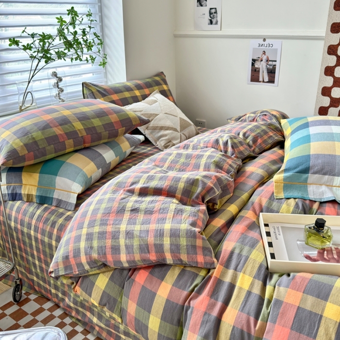 91家纺网 家纺一手货源 找家纺 三沁 2023新款直播纯棉被套四件套全棉色织水洗棉床单式格子简约彩格灰