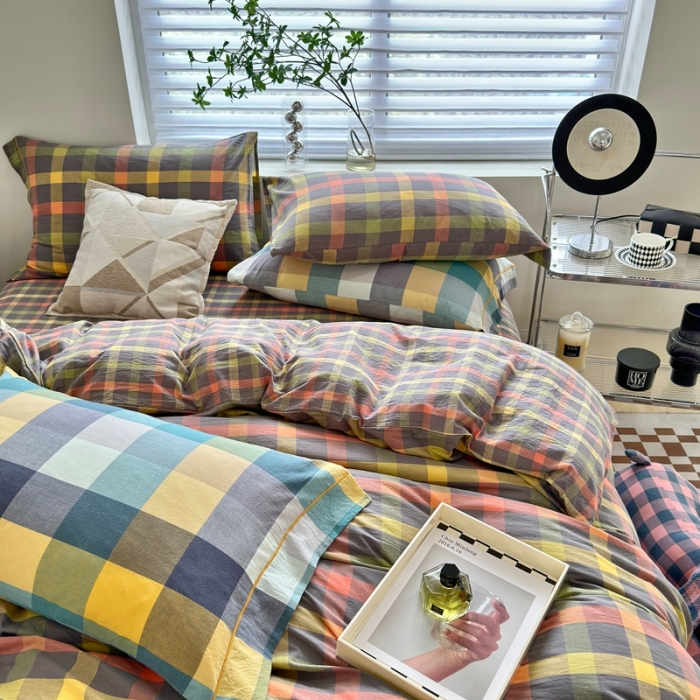 91家纺网 家纺一手货源 找家纺 三沁 2023新款直播纯棉被套四件套全棉色织水洗棉床单式格子简约彩格灰