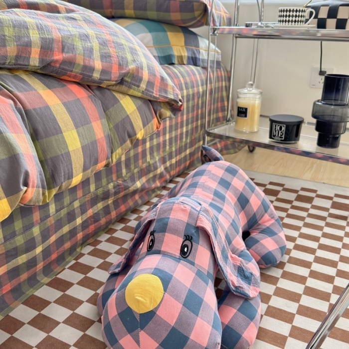 91家纺网 家纺一手货源 找家纺 三沁 2023新款直播纯棉被套四件套全棉色织水洗棉床单式格子简约彩格灰