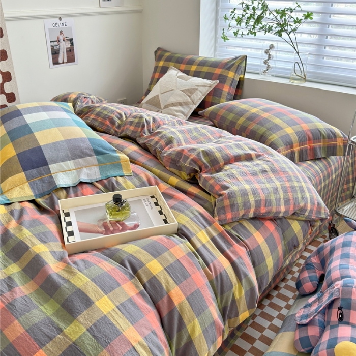 91家纺网 家纺一手货源 找家纺 三沁 2023新款直播纯棉被套四件套全棉色织水洗棉床单式格子简约彩格灰