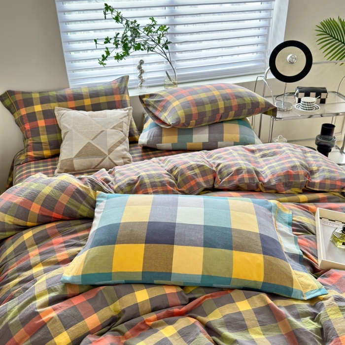 91家纺网 家纺一手货源 找家纺 三沁 2023新款直播纯棉被套四件套全棉色织水洗棉床单式格子简约彩格灰