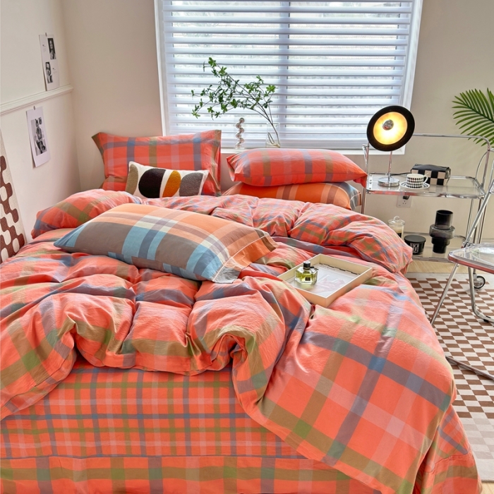 91家纺网 家纺一手货源 找家纺 三沁 2023新款直播纯棉被套四件套全棉色织水洗棉格子简约 彩格桔