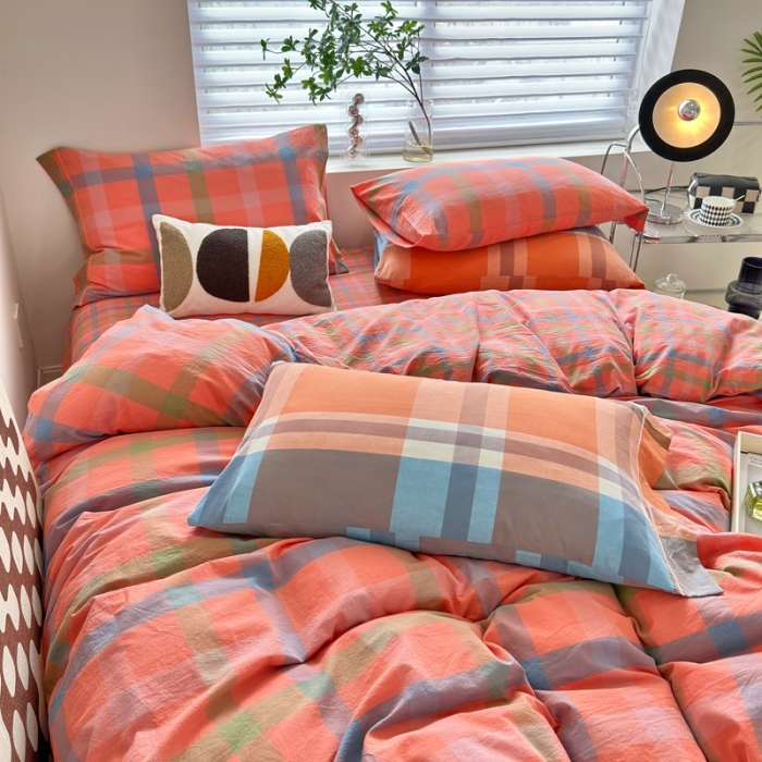 91家纺网 家纺一手货源 找家纺 三沁 2023新款直播纯棉被套四件套全棉色织水洗棉格子简约 彩格桔