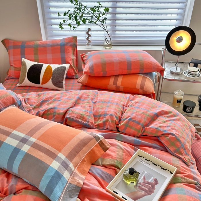 91家纺网 家纺一手货源 找家纺 三沁 2023新款直播纯棉被套四件套全棉色织水洗棉格子简约 彩格桔