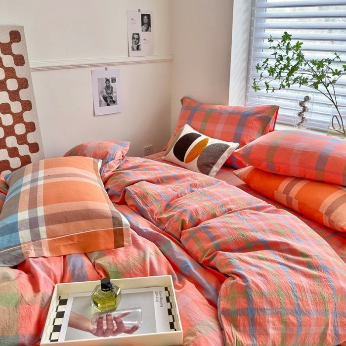 91家纺网 家纺一手货源 找家纺 三沁 2023新款直播纯棉被套四件套全棉色织水洗棉格子简约 彩格桔